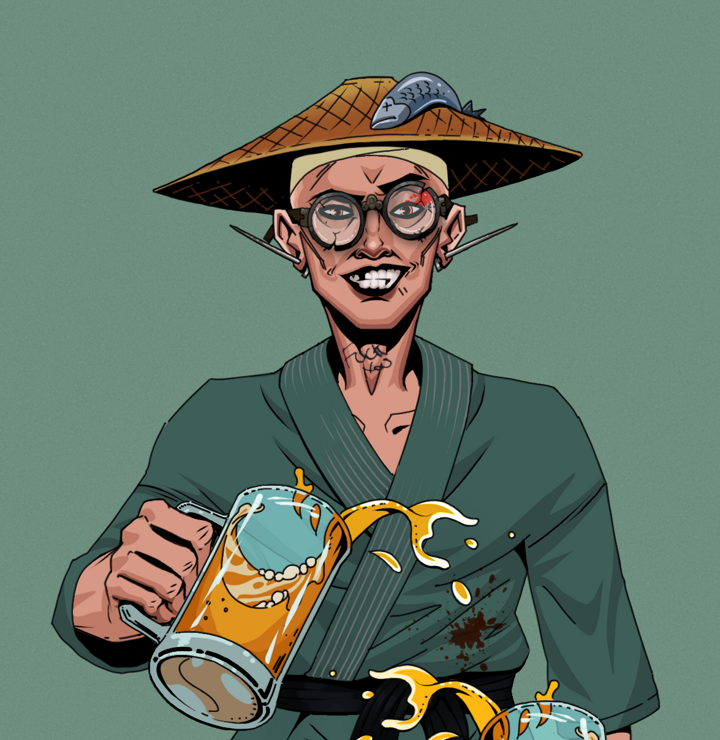 Junichiro — Degen Dojo NFT art (Nails, Olive Green, Degens, Fight Gi, Junichiro, Bloodied Glasses, Wide Kasa Fisherman, Beer Splash, Mint)