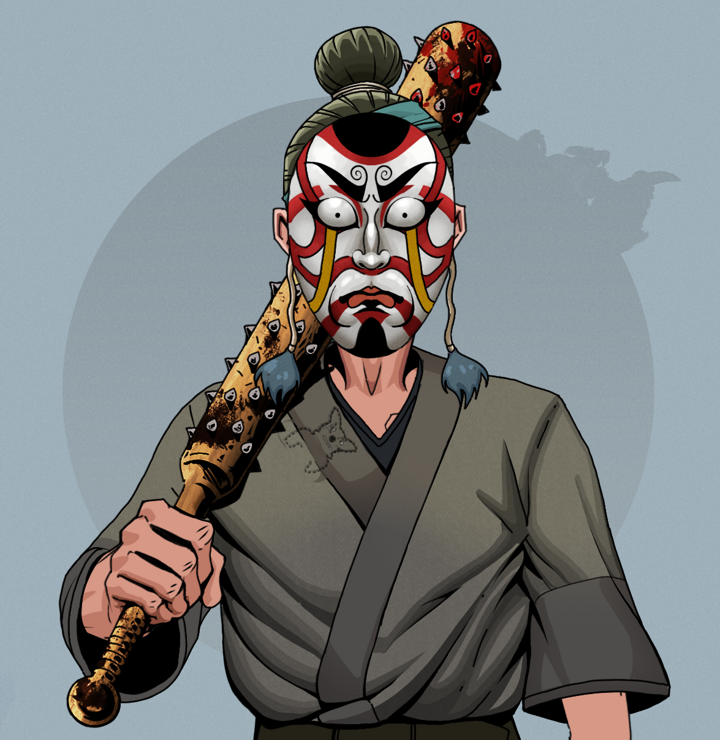 One-Eyed Itsuki — Degen Dojo NFT art (Shirtless Runt, Grey Mist, Degens, Puppy Kimono, One-Eyed Itsuki, Kitsune Mask, Hair Bun, Yakuza Club, Mint)