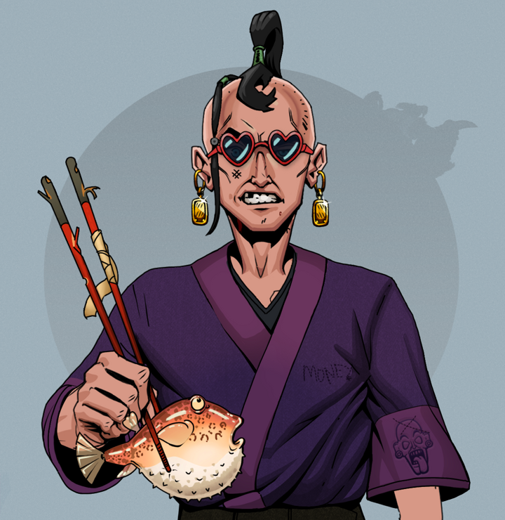 Akuma — Degen Dojo NFT art (Gold Earrings, Grey Mist, Degens, Money Kimono, Akuma, Loveheart Shades, Dejen Samurai, Frightened Fugu, Mint)