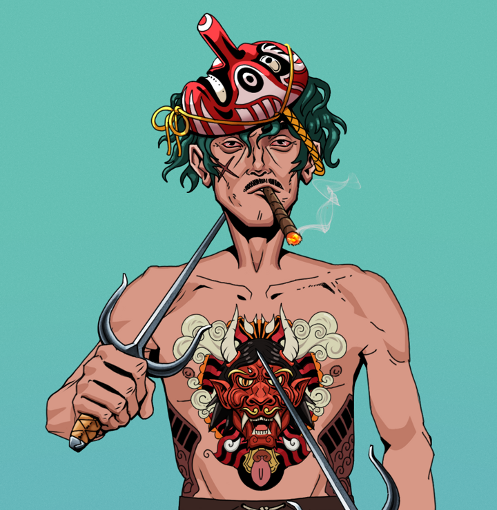 Raikou The Stoner — Degen Dojo NFT art (Shirtless Runt, Teal Daytime, Degens, Red Oni Tattoo, Raikou The Stoner, Tengu Mask, Dual Sai, Mint)