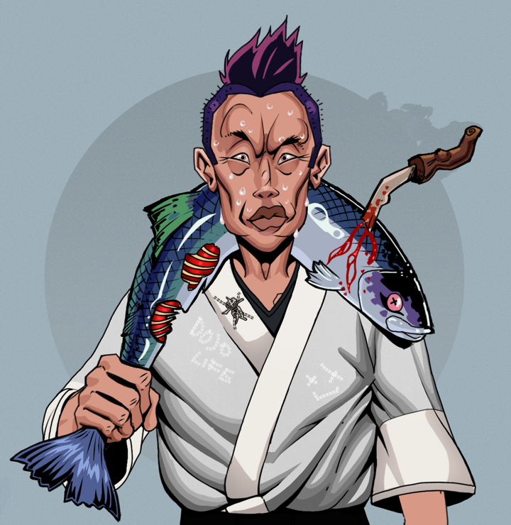 Stresshead Rin — Degen Dojo NFT art (Shirtless Runt, Grey Mist, Degens, No Honor Kimono, Stresshead Rin, Yakuza Hooligan, Dead Fish, Mint)