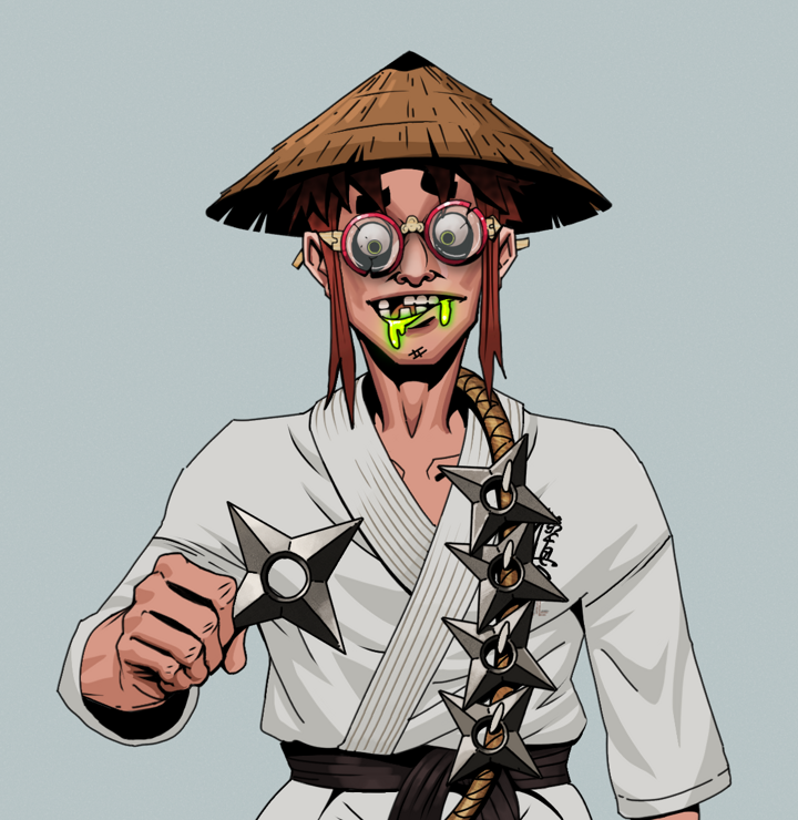Toxic Azuma — Degen Dojo NFT art (Shirtless Runt, Light Grey, Degens, Student Gi, Toxic Azuma, Broken Glasses, Rice Hat, Shuriken Belt, Mint)