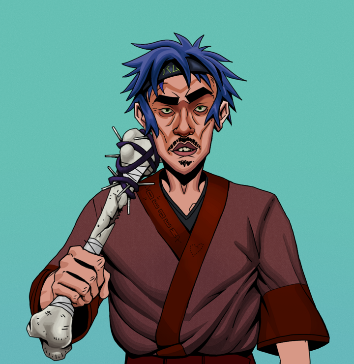 Gloomy Masumi — Degen Dojo NFT art (Shirtless Runt, Teal Daytime, Degens, Proud Dejen Kimono, Gloomy Masumi, Bum Headband Ruffian, Spiky Femur, Mint)