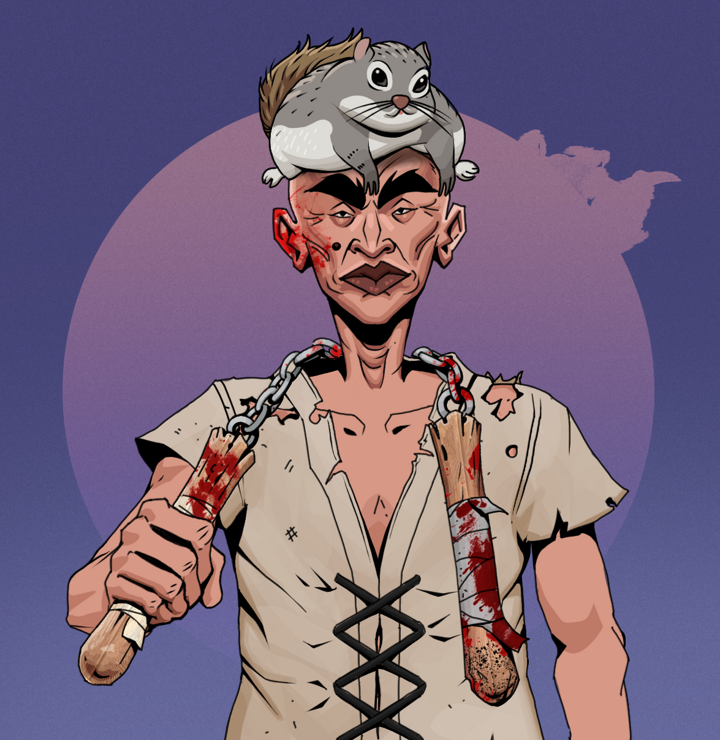 Young Yuji — Degen Dojo NFT art (Shirtless Runt, Purple Night, Degens, Rice Sack Rags, Young Yuji, Mr. Momonga Hat, Bloody Nunchucks, Mint)