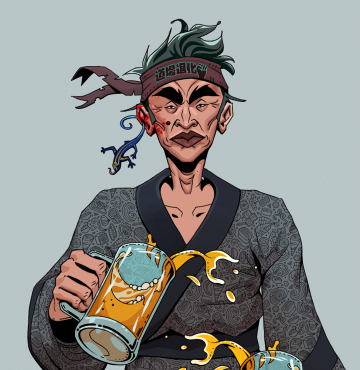 Young Yuji — Degen Dojo NFT art (Lizard, Light Grey, Degens, Sushi Love Loose Kimono, Young Yuji, Shirtless Runt, Degen Dojo Headband, Beer Splash, Mint)