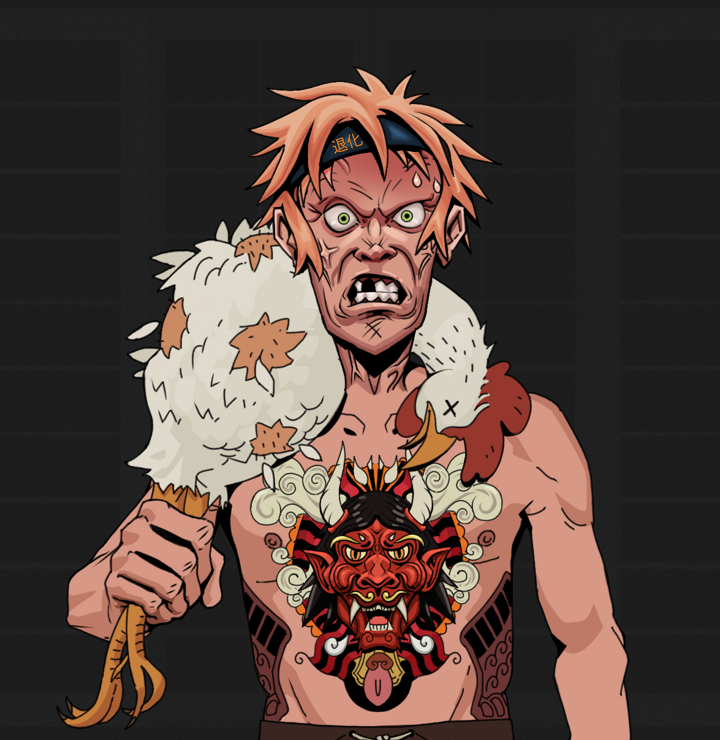 Angry Ikari — Degen Dojo NFT art (Shirtless Runt, Shoji Night, Degens, Red Oni Tattoo, Angry Ikari, Tiger Headband Ruffian, Chicken, Mint)