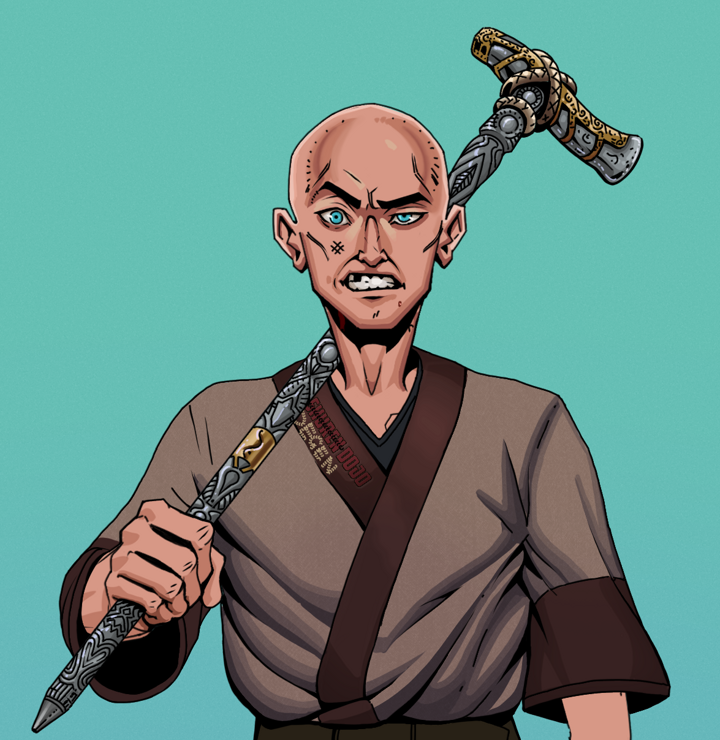 Akuma — Degen Dojo NFT art (Shirtless Runt, Teal Daytime, Degens, Degen Dojo Kimono, Akuma, Bald, Artisan Walking Cane, Mint)