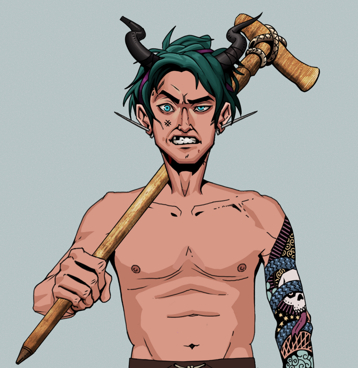 Akuma — Degen Dojo NFT art (Nails, Light Grey, Degens, Skull Sleeve, Akuma, Shirtless Runt, Black Oni Horns, Wooden Walking Cane, Mint)