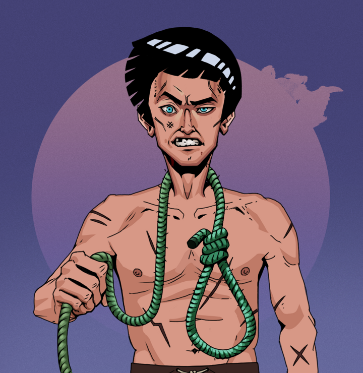 Akuma — Degen Dojo NFT art (Shirtless Runt, Purple Night, Degens, Battle Scars, Akuma, Rock Lee, Noose, Mint)
