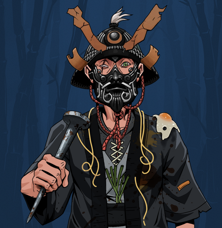 One-Eyed Itsuki — Degen Dojo NFT art (Shirtless Runt, Night Forest, Degens, Glutton Fight, One-Eyed Itsuki, Black Iron Kabuto, Rusty Nail, Mint)