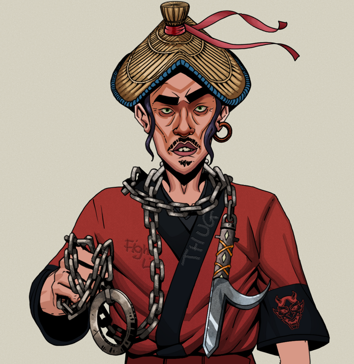 Gloomy Masumi — Degen Dojo NFT art (Wooden Loop, Warm Grey, Degens, Red Oni Kimono, Gloomy Masumi, Shirtless Runt, High Straw Rice Hat, Heavy Kyoketsu, Mint)