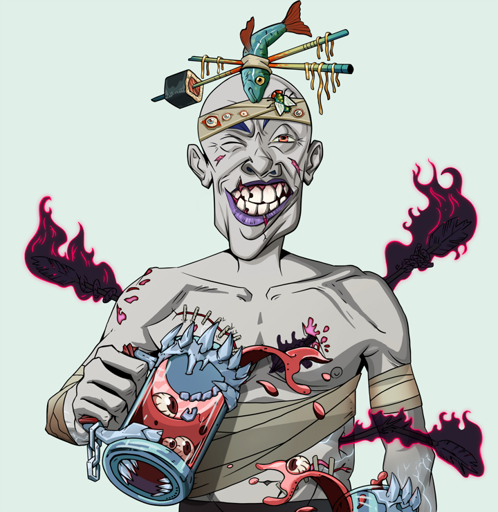 Cheery Haru — Degen Dojo NFT art (Shirtless Runt, Teal Daytime, Demons, Bloody Mess, Cheery Haru, Hair Bun With Chopsticks, Beer Splash, Mint)