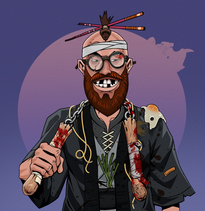 Igor The Bear — Degen Dojo NFT art (Shirtless Runt, Purple Night, Degens, Glutton Fight, Igor The Bear, Bloodied Glasses, Hair Bun With Chopsticks, Bloody Nunchucks, Mint)