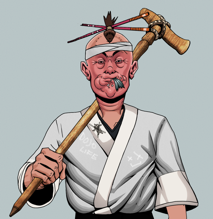 Fatty Bobsticks — Degen Dojo NFT art (Shirtless Runt, Light Grey, Degens, No Honor Kimono, Fatty Bobsticks, Hair Bun With Chopsticks, Wooden Walking Cane, Mint)