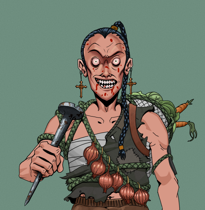 Assassin Fuzen — Degen Dojo NFT art (Jesuit Crosses, Olive Green, Degens, Farmer, Assassin Fuzen, Shirtless Runt, Braided Samurai Ponytail, Rusty Nail, Mint)