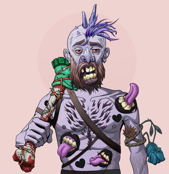 Serious Oleg — Degen Dojo NFT art (Shirtless Runt, Red High Moon, Demons, Womanizer, Serious Oleg, Yakuza Ruffian, Spiky Femur, Mint)