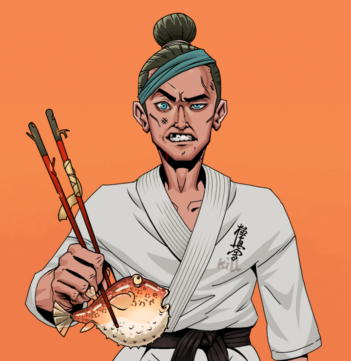 Akuma — Degen Dojo NFT art (Shirtless Runt, Orange Afternoon, Degens, Student Gi, Akuma, Hair Bun, Frightened Fugu, Mint)