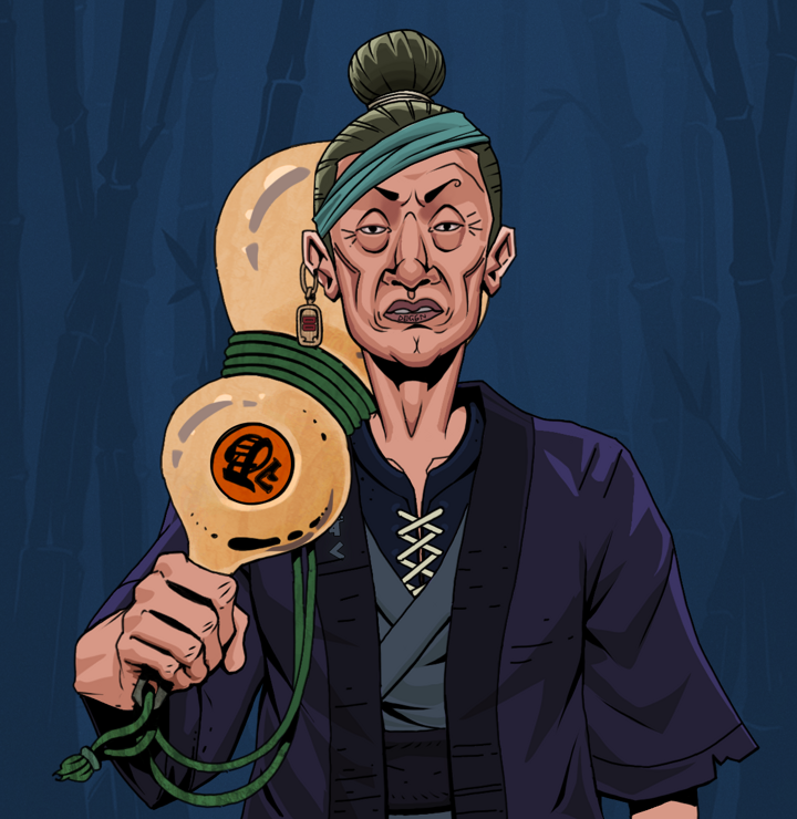 Goro — Degen Dojo NFT art (Dojo Paper Earring, Night Forest, Degens, Daimyo Warrior Kimono, Goro, Shirtless Runt, Hair Bun, Giant Sake Bottle, Mint)