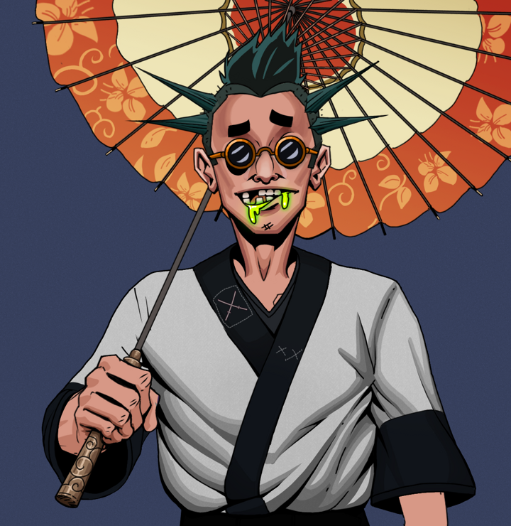 Toxic Azuma — Degen Dojo NFT art (Shirtless Runt, Blue Evening, Degens, Katana Kimono, Toxic Azuma, Dark Spectacles, Yakuza Ruffian, Floral Parasol, Mint)
