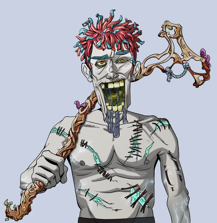 Yuuki — Degen Dojo NFT art (Shirtless Runt, Blue Evening, Demons, Battle Scars, Yuuki, Orange Bantu Knots, Wooden Walking Cane, Mint)