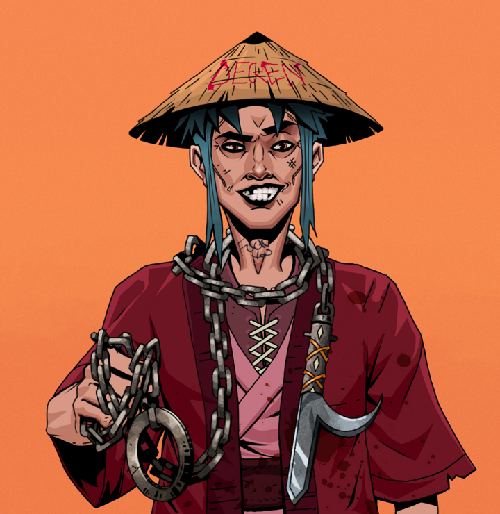 Junichiro — Degen Dojo NFT art (Shirtless Runt, Orange Afternoon, Degens, Red Warrior Kimono, Junichiro, Degen Graffiti Rice Hat, Heavy Kyoketsu, Mint)