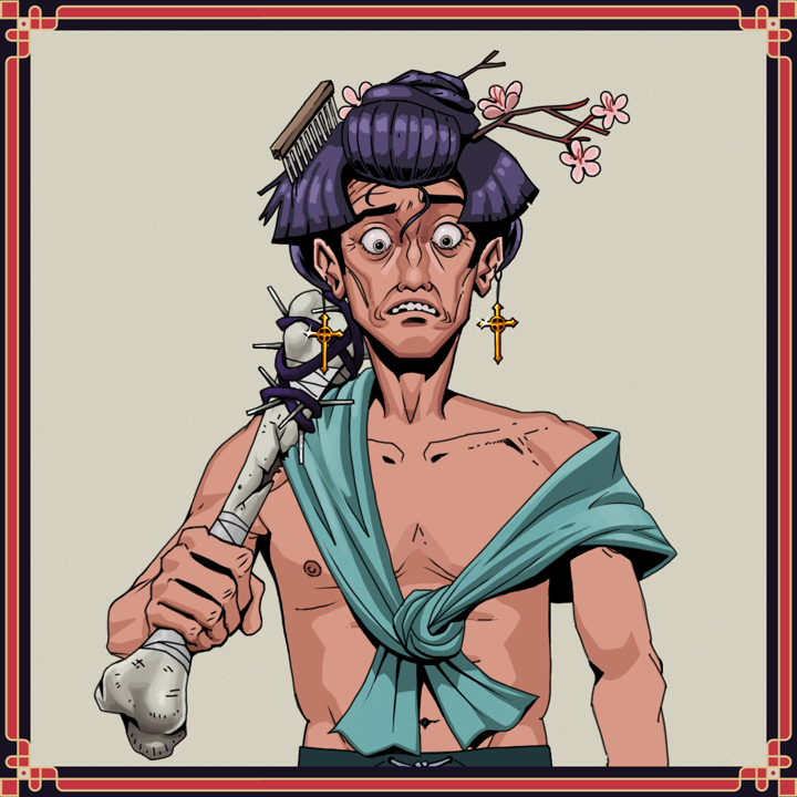 Shitless Botan — Degen Dojo NFT art (Golden Jesuit Crosses, Warm Grey, Shitless Botan, Queeny Chic, Degen, Shirtless Runt, Disheveled Geisha, Filthy Pinky Leap, Spiky Femur, Framed)