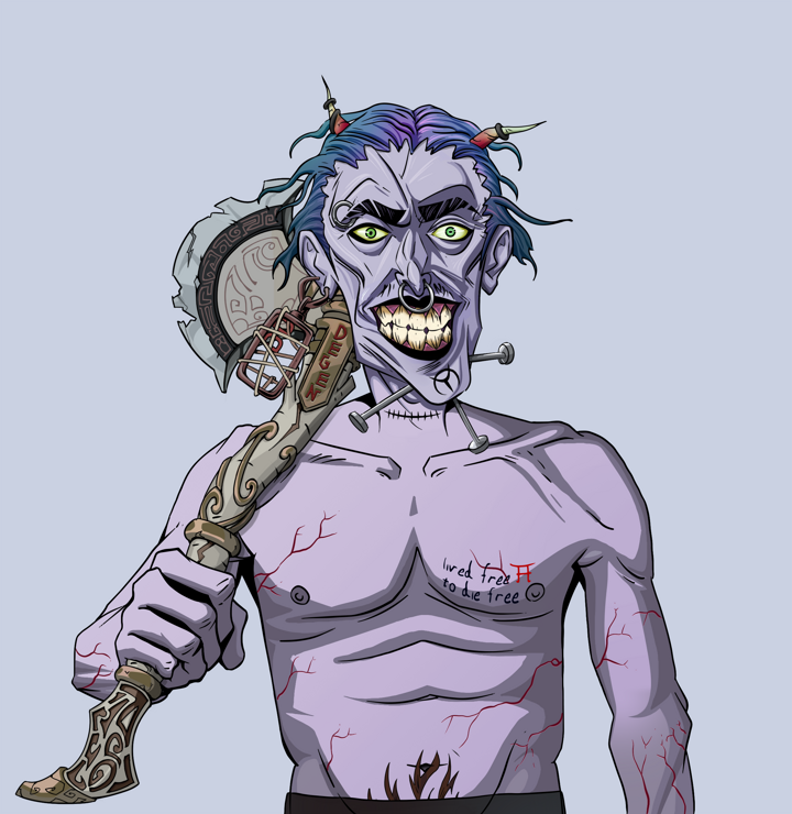 Junichiro Reborn — Degen Dojo NFT art (Dojo Paper Earring, Blue Evening, Demons, Nudey Freak, Junichiro Reborn, Shirtless Runt, Wavy, Axe, Mint)