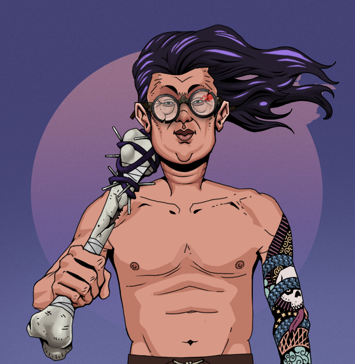 Fat Bob — Degen Dojo NFT art (Shirtless Runt, Purple Night, Degens, Skull Sleeve, Fat Bob, Bloodied Glasses, Flowing Battousai, Spiky Femur, Mint)