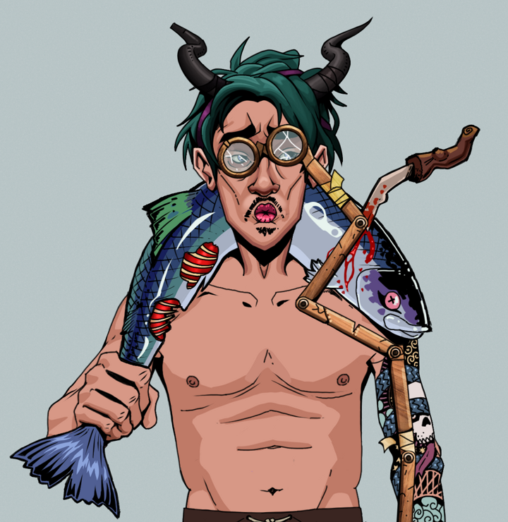 Masumi Steel — Degen Dojo NFT art (Shirtless Runt, Light Grey, Degens, Skull Sleeve, Masumi Steel, Telescopic Glasses, Black Oni Horns, Dead Fish, Mint)