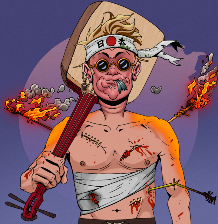 Fatty Bobsticks — Degen Dojo NFT art (Dojo Paper Earring, Purple Night, Degens, Bloody Mess, Fatty Bobsticks, Dark Spectacles, Karate Headband, Shamisen, Mint)
