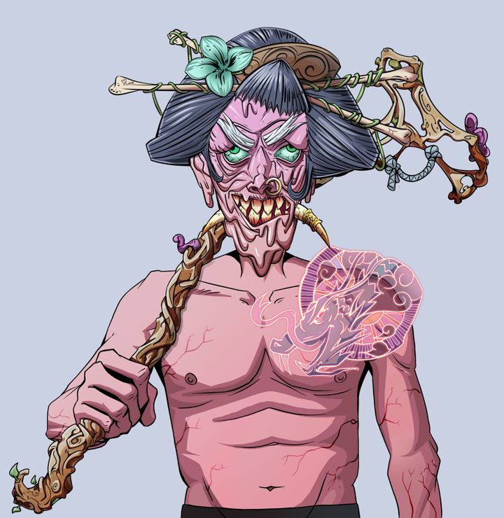 Assassin Fuzen — Degen Dojo NFT art (Shirtless Runt, Blue Evening, Demons, Dragon Head Tattoo, Assassin Fuzen, Disheveled Geisha, Wooden Walking Cane, Mint)