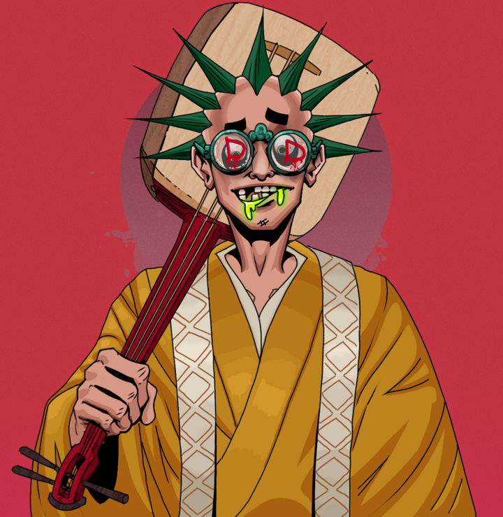 Toxic Azuma — Degen Dojo NFT art (Shirtless Runt, Red High Moon, Degens, Ordained Dejen, Toxic Azuma, Dojo Graffiti, Zapachi, Shamisen, Mint)