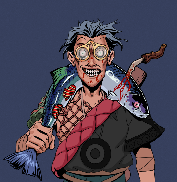 Assassin Fuzen — Degen Dojo NFT art (Shirtless Runt, Blue Evening, Degens, Village Leader, Assassin Fuzen, Pocket Glasses, Wavy, Dead Fish, Mint)
