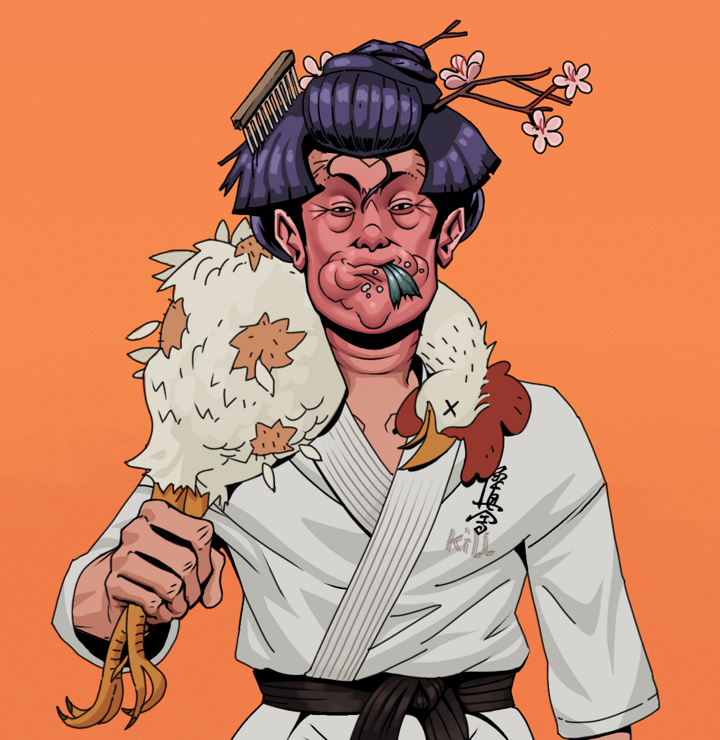 Fatty Bobsticks — Degen Dojo NFT art (Shirtless Runt, Orange Afternoon, Degens, Student Gi, Fatty Bobsticks, Disheveled Geisha, Chicken, Mint)