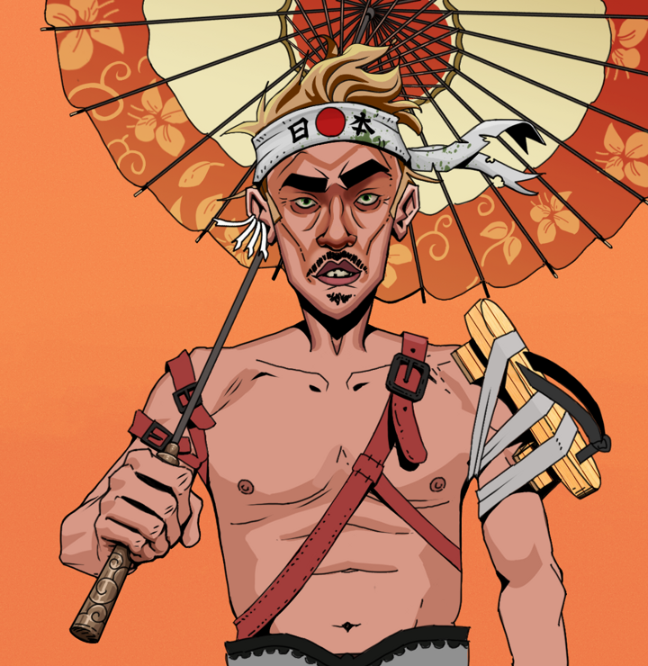 Gloomy Masumi — Degen Dojo NFT art (Chicken Bones, Orange Afternoon, Degens, Strap On Geta, Gloomy Masumi, Shirtless Runt, Karate Headband, Floral Parasol, Mint)