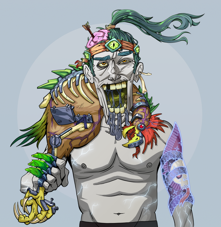 Yuuki — Degen Dojo NFT art (Finger Bones, Grey Mist, Demons, Skull Sleeve, Yuuki, Shirtless Runt, Green Bandana, Chicken, Mint)