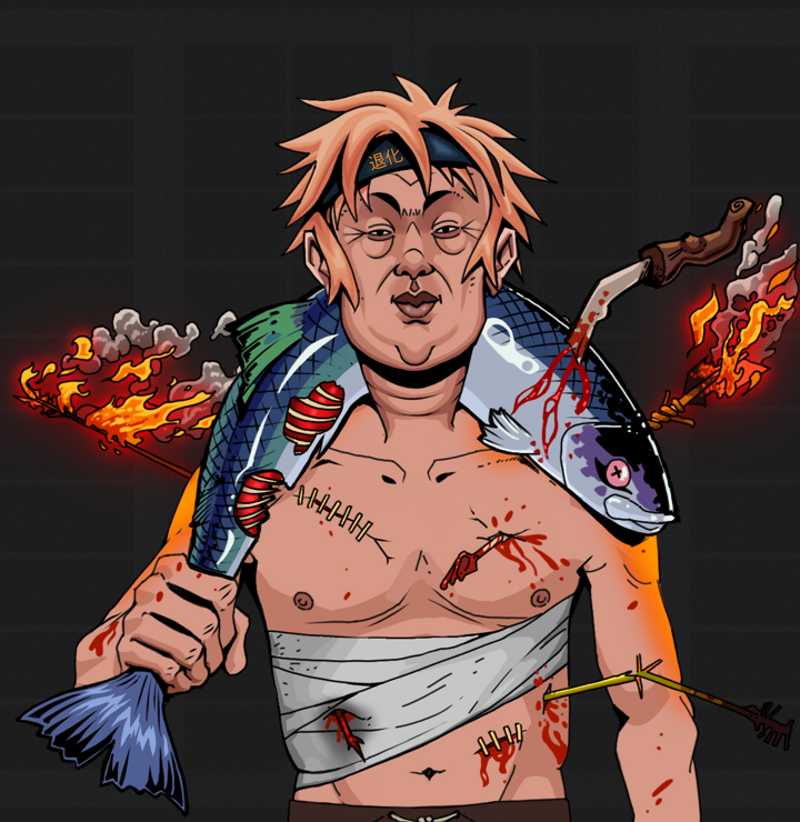 Fat Bob — Degen Dojo NFT art (Shirtless Runt, Shoji Night, Degens, Bloody Mess, Fat Bob, Tiger Headband Ruffian, Dead Fish, Mint)