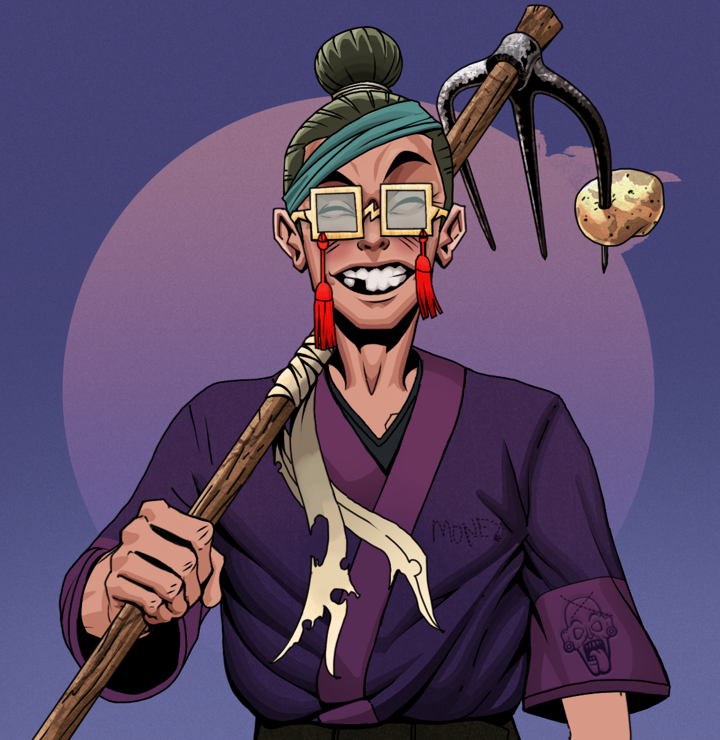 Cheery Haru — Degen Dojo NFT art (Shirtless Runt, Purple Night, Degens, Money Kimono, Cheery Haru, Shoji Tassel Glasses, Hair Bun, Farmers Hoe, Mint)