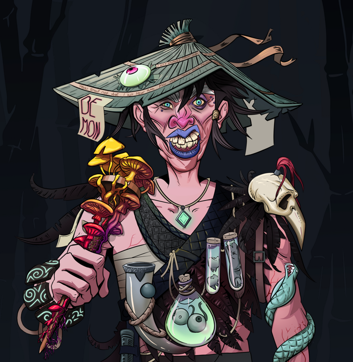 Young Yuji — Degen Dojo NFT art (Shirtless Runt, Night Forest, Demons, Bird Shaman, Young Yuji, High Straw Rice Hat, Rusty Nail, Mint)