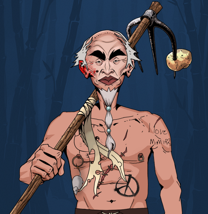 Yuji The Wise — Degen Dojo NFT art (Shirtless Runt, Night Forest, Degens, Recovering Alcoholic, Yuji The Wise, Kung Fu Master, Farmers Hoe, Mint)