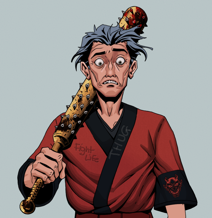 Shitless Botan — Degen Dojo NFT art (Shirtless Runt, Light Grey, Degens, Red Oni Kimono, Shitless Botan, Wavy, Yakuza Club, Mint)