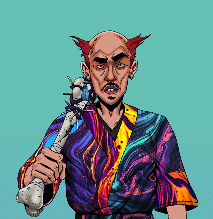 Gloomy Masumi — Degen Dojo NFT art (Tassel, Teal Daytime, Degens, Rainbow Kimono, Gloomy Masumi, Shirtless Runt, Red Heihachi, Spiky Femur, Mint)