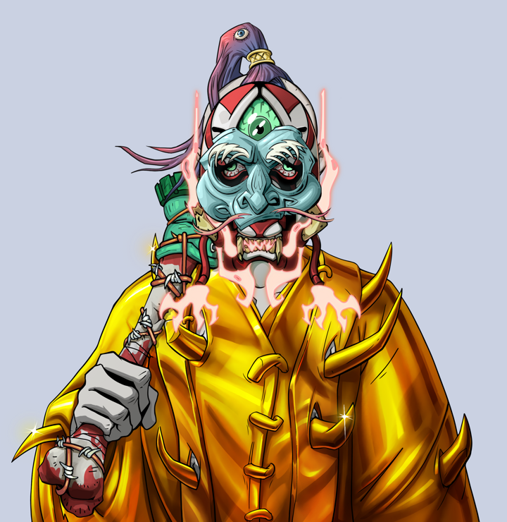 Teary Goro — Degen Dojo NFT art (Shirtless Runt, Blue Evening, Demons, Golden Monk Robes, Teary Goro, Kitsune Mask, Dejen Samurai, Spiky Femur, Mint)