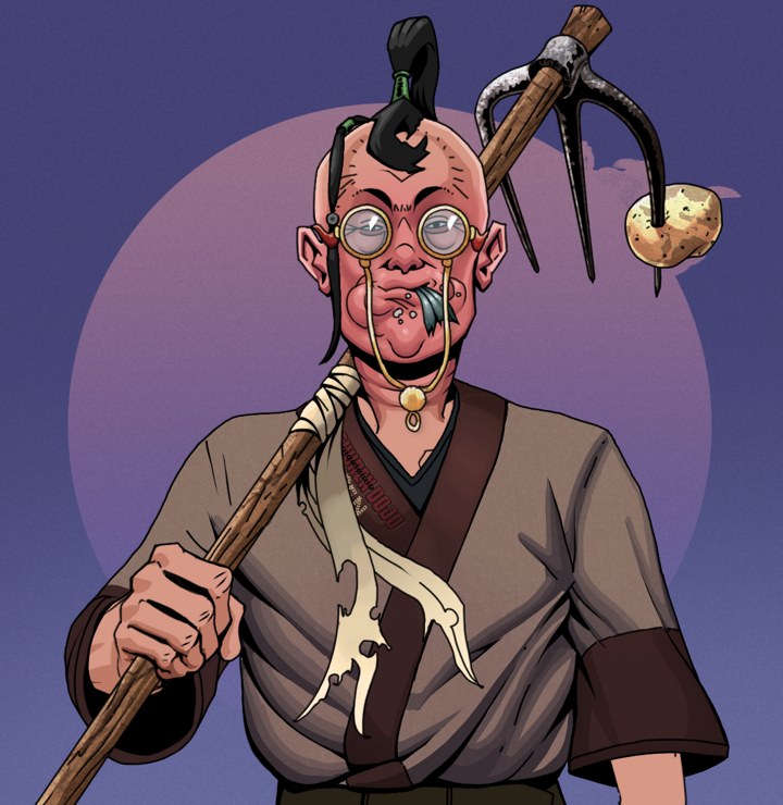 Fatty Bobsticks — Degen Dojo NFT art (Shirtless Runt, Purple Night, Degens, Degen Dojo Kimono, Fatty Bobsticks, Pompous Glasses, Dejen Samurai, Farmers Hoe, Mint)
