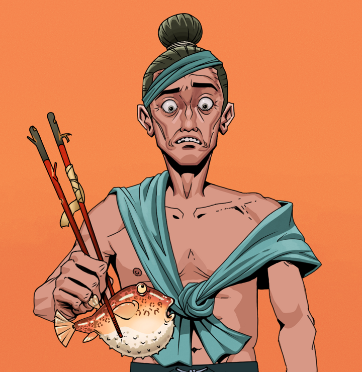 Shitless Botan — Degen Dojo NFT art (Shirtless Runt, Orange Afternoon, Degens, Queeny Chic, Shitless Botan, Hair Bun, Frightened Fugu, Mint)