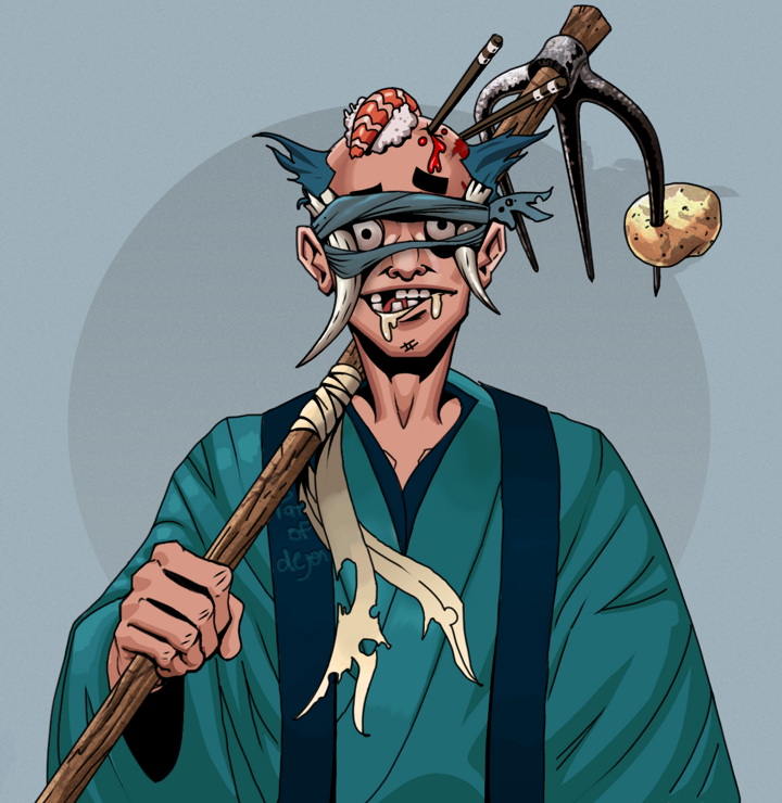 Drooling Azuma — Degen Dojo NFT art (Shirtless Runt, Grey Mist, Degens, Dejen Apostate, Drooling Azuma, Tied Horns, Sushi Fight, Farmers Hoe, Mint)