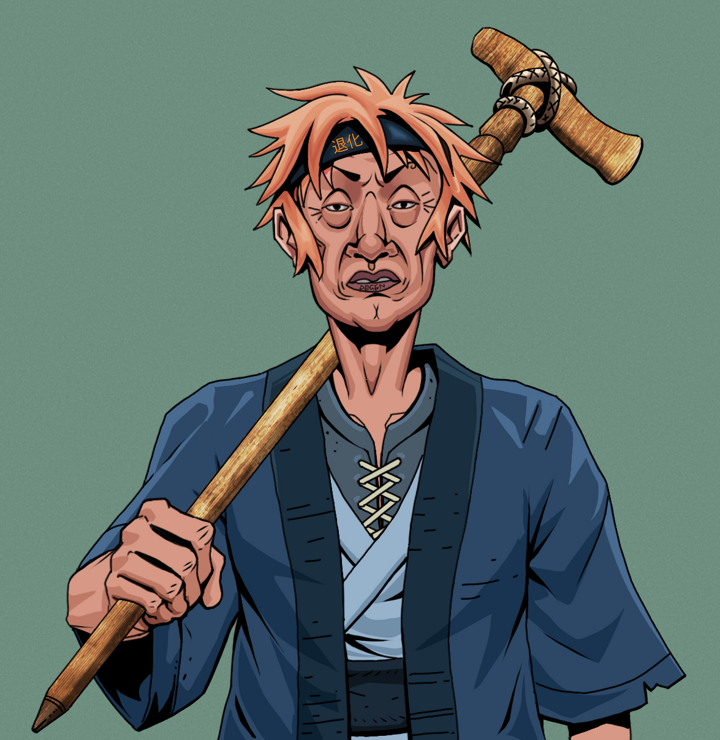 Goro — Degen Dojo NFT art (Shirtless Runt, Olive Green, Degens, Blue Warrior Kimono, Goro, Tiger Headband Ruffian, Wooden Walking Cane, Mint)