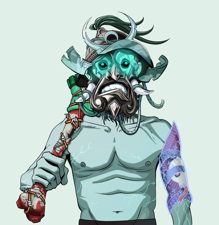 Igor The Bear — Degen Dojo NFT art (Shirtless Runt, Teal Daytime, Demons, Skull Sleeve, Igor The Bear, Black Iron Kabuto, Spiky Femur, Mint)