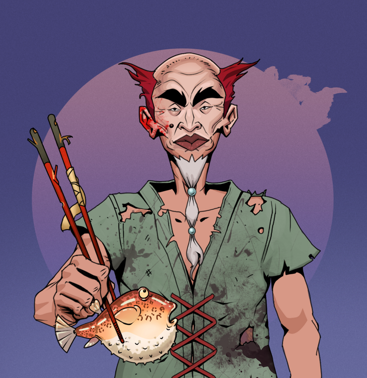 Yuji The Wise — Degen Dojo NFT art (Shirtless Runt, Purple Night, Degens, Dirty Peasant Rags, Yuji The Wise, Red Heihachi, Frightened Fugu, Mint)