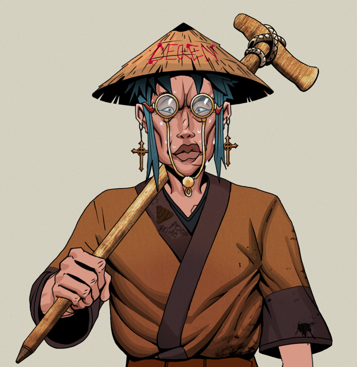 Stresshead Rin — Degen Dojo NFT art (Jesuit Crosses, Warm Grey, Degens, Poop Pride Kimono, Stresshead Rin, Pompous Glasses, Degen Graffiti Rice Hat, Wooden Walking Cane, Mint)